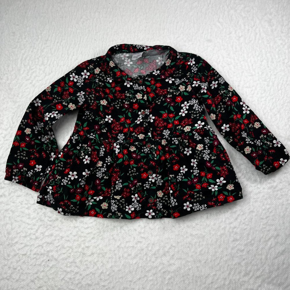 Carter's Flowered Girl's Top Sz 24M Black Background Red Purple White Green